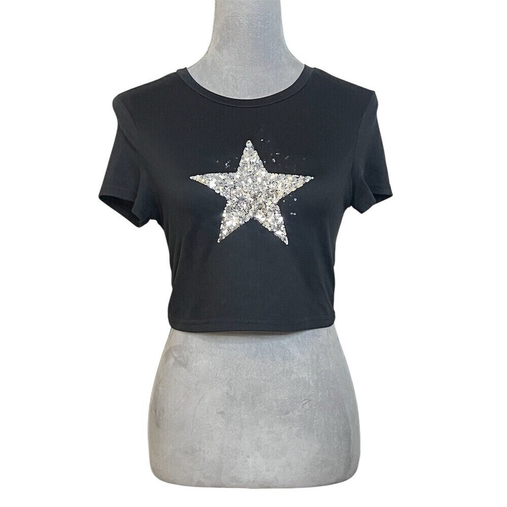 Y2k 2000’s Sequin Star Cropped Tee M Black Streetwear Summer Punk Rock Festival